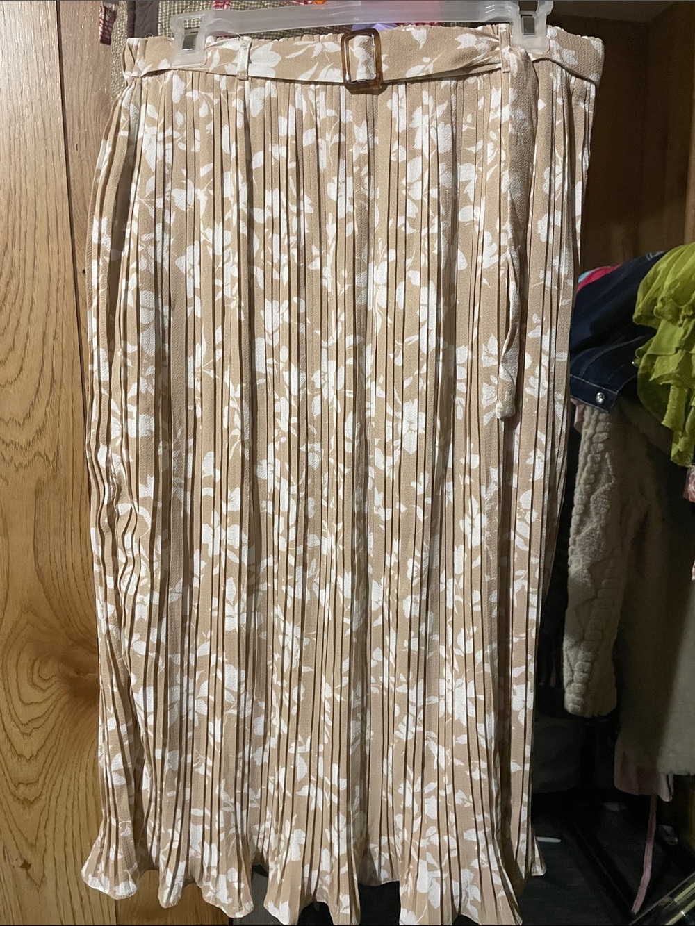 Pleated Beige Floral Midi Skirt with Belt